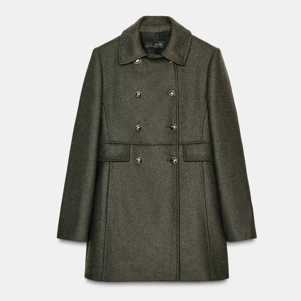 ZARA DOUBLE BREASTED KHAKI WOOL BLEND COAT - Picture 10 of 13